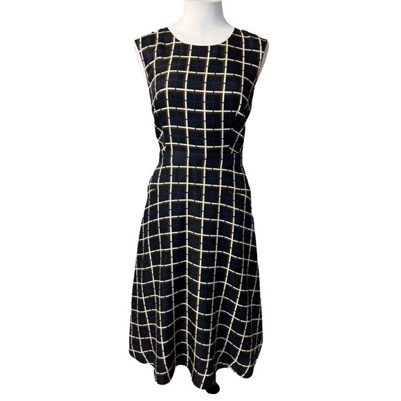 J Crew SILK Midi Dress 10 Black Cream Blue Brown A Line Career Church - Picture 2 of 16